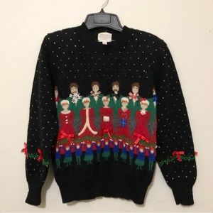 Susan Bristol Hand Embroidered Wool Blend Sweater Christmas Choir Sz S Vtg